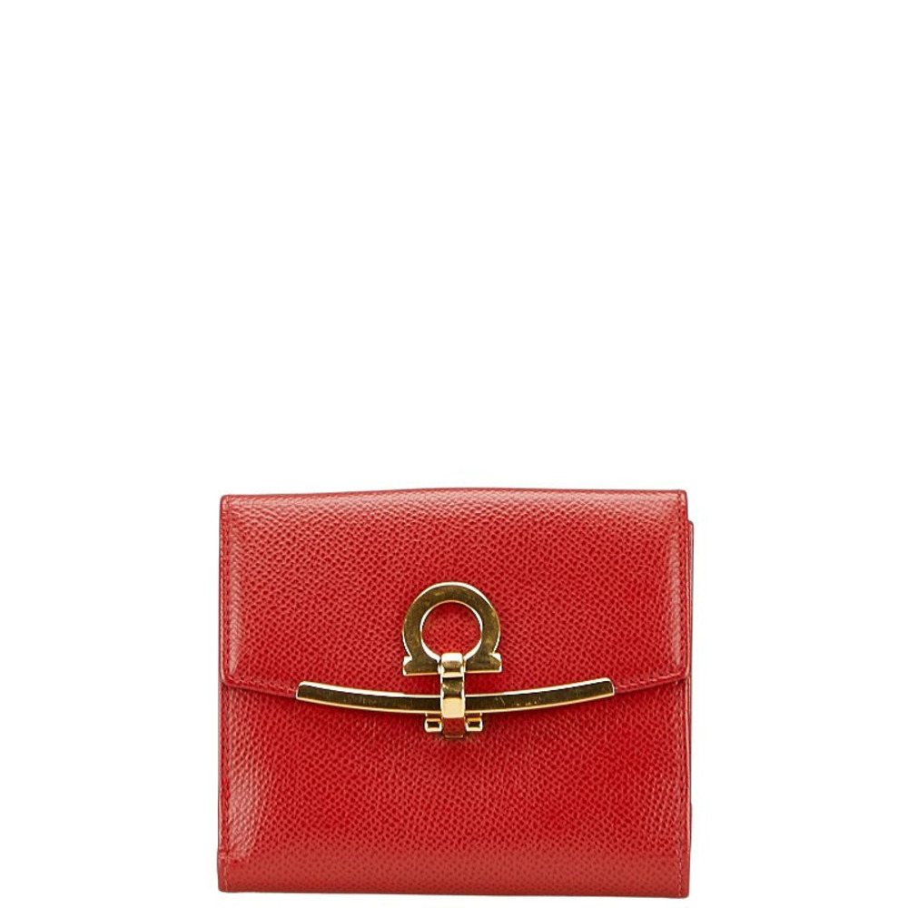 Salvatore Ferragamo Gancini Bi fold Wallet Red Leather